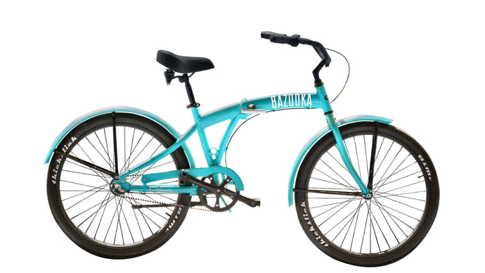 Bazooka Bike Folding Beach Cruiser Bike in blue-California 8 Model with 8 Speed Shimano internal Hub and Gates Belt Drive